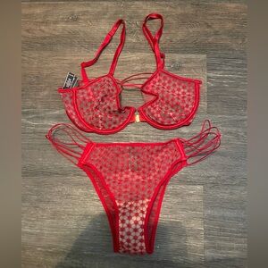 Victoria’s Secret Red Sheer Unlined Demi Bra and Tanga Set 32D M
